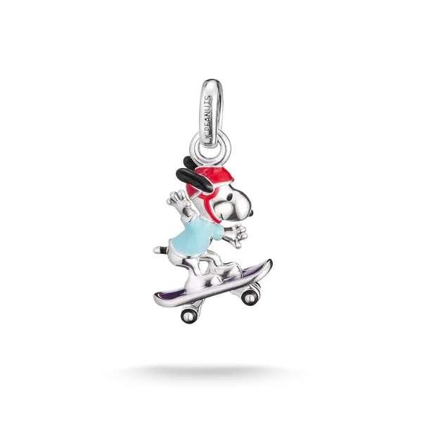 Ciondolo in argento sterling 925 con Snoopy su skateboard, smaltato rosso/blu