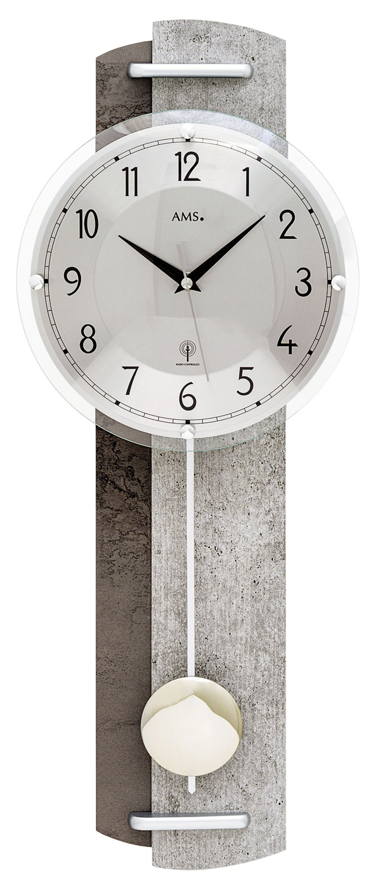 Orologio da parete con quadrante rotondo, cassa in legno effetto pietra e pendolo a sfera