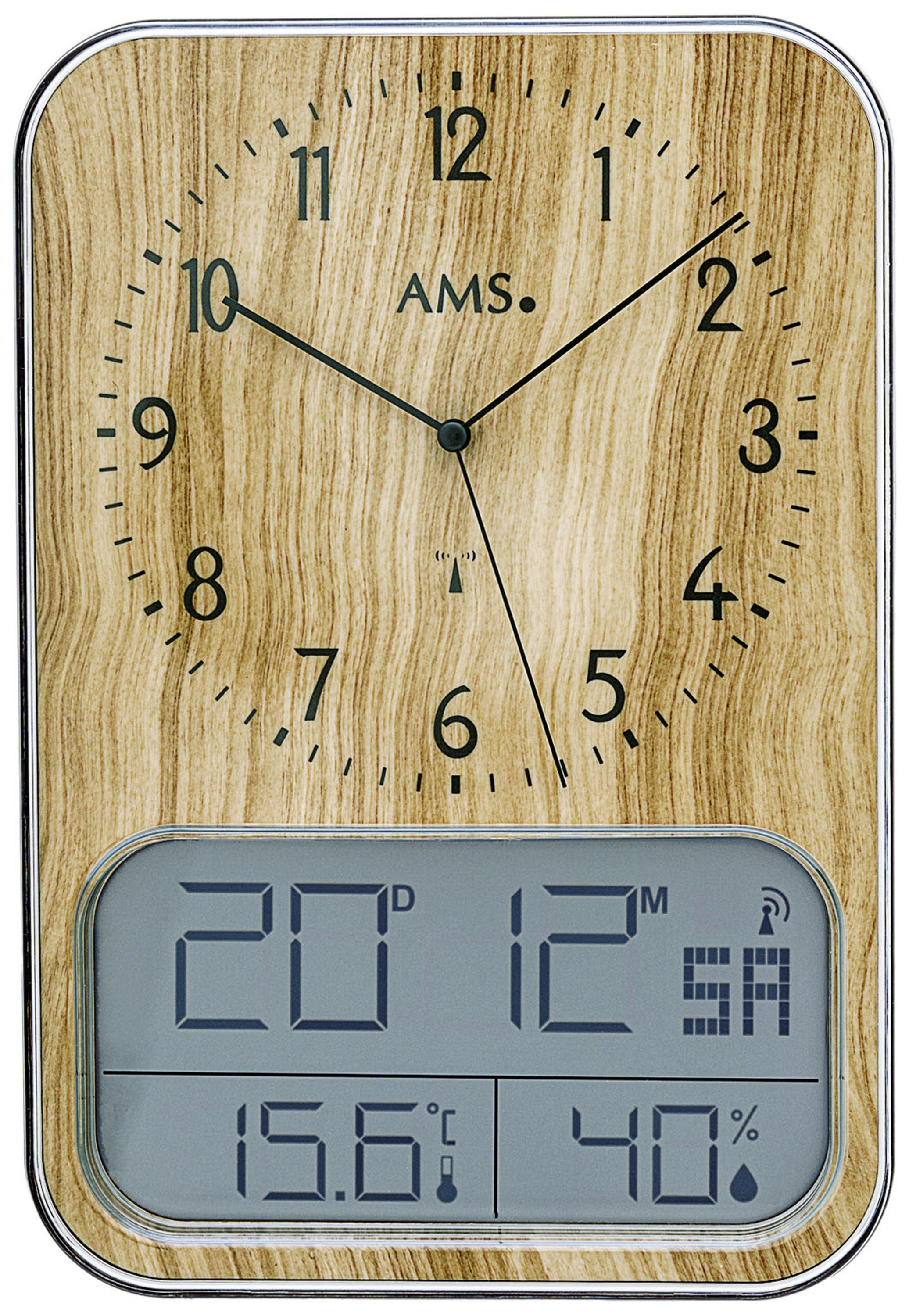 Wanduhr mit Holzoptik, Analogzeigern und digitalem Display für Temperatur und Feuchte