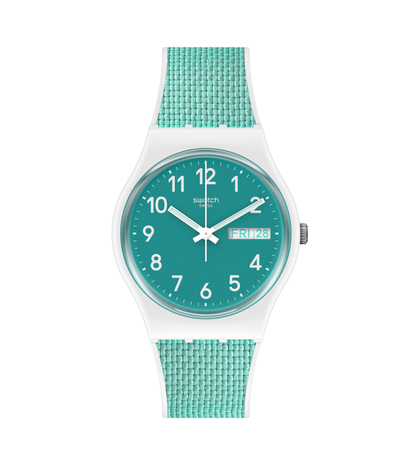 Swatch Originals GW714 Armbanduhr Weiß • Türkises Zifferblatt • Silikon-Armband mit Stoffeinlage