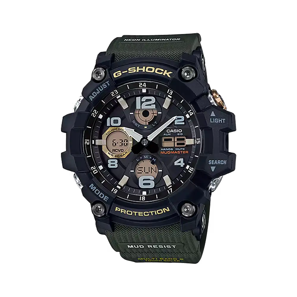 Casio G-Shock Mudmaster Herrenuhr mit schwarzem Zifferblatt und grünem Armband