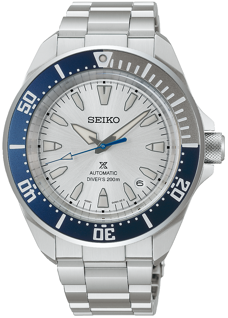 Orologio da uomo Seiko con bracciale in acciaio inossidabile argentato, lunetta blu e quadrante bianco