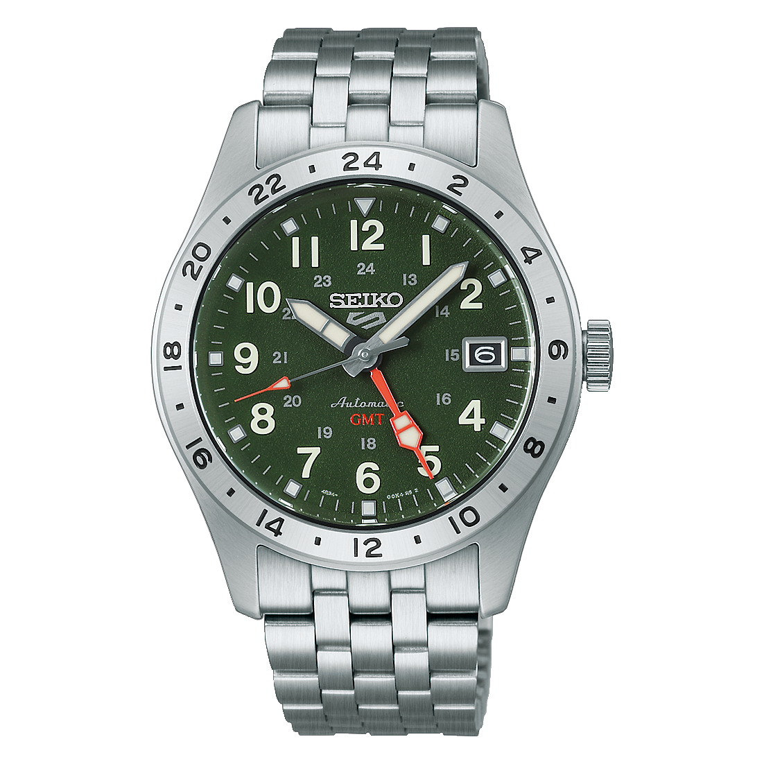 Zegarek męski Seiko 5 Sports z zieloną tarczą, funkcją GMT i stalową bransoletą