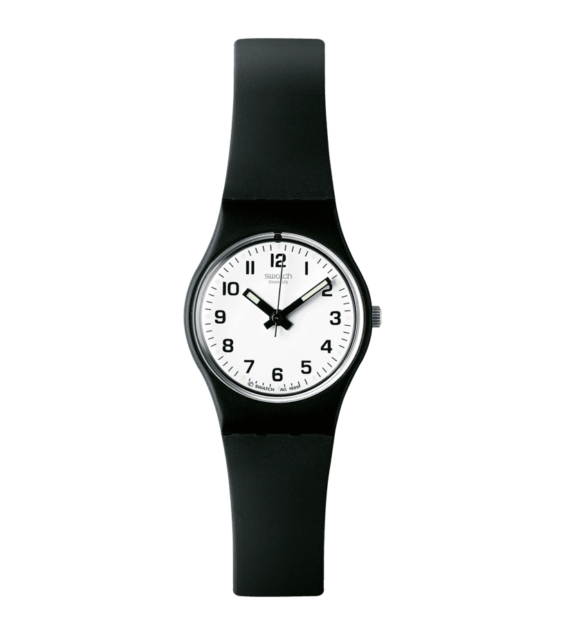 Swatch Originals Small LB153 Something New Damenuhr Schwarz • Schwarzes Polymer-Armband • Weißes Zifferblatt