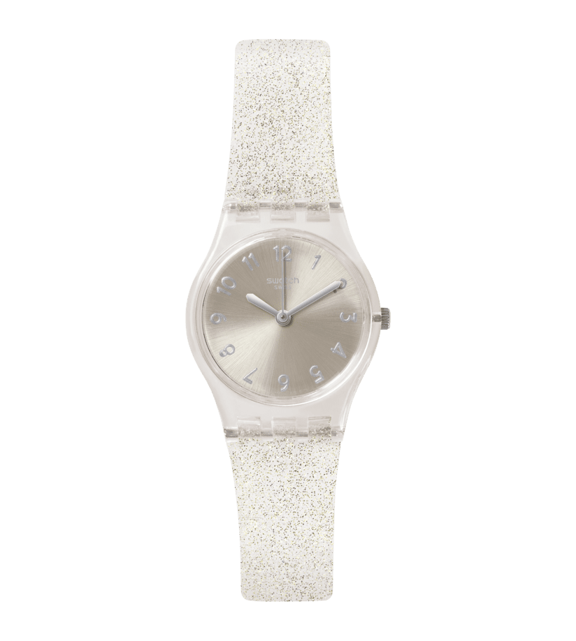 Swatch Silver Glistar LK343E Damen Armbanduhr Silber • Transparentes Gehäuse • Silikonarmband