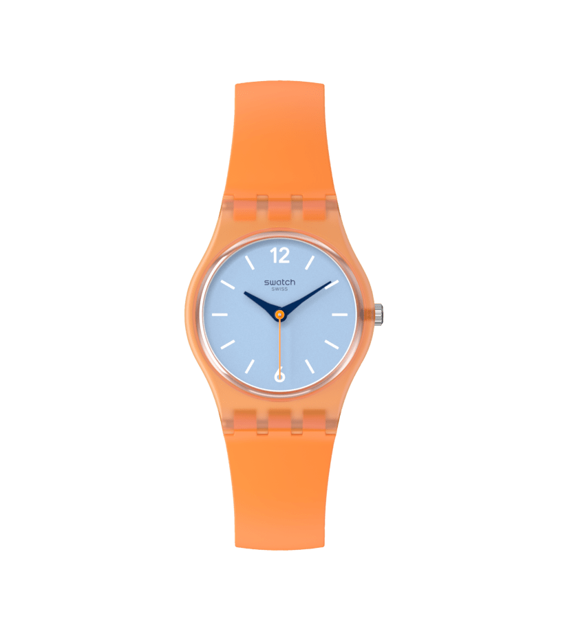 Swatch Originals LO116 View from a Mesa Damenuhr Orange • Transparentes Gehäuse • Hellblaues Zifferblatt