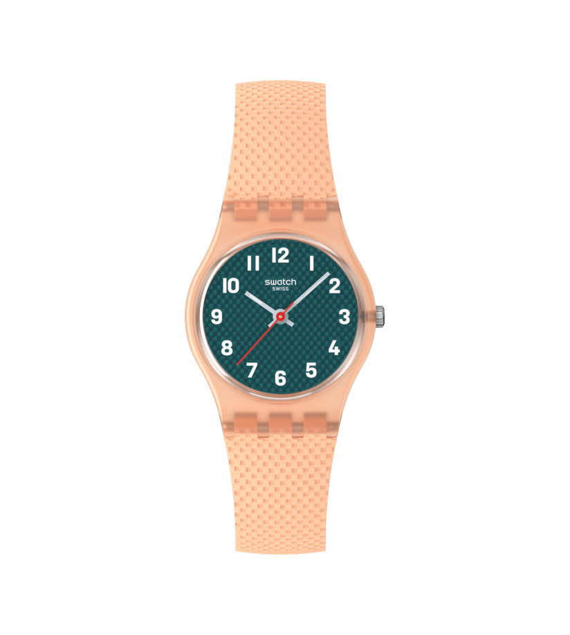 Swatch Originals Small LO117 Damenuhr Pfirsich • Gewebtes Armband • Leichtes Kunststoffgehäuse