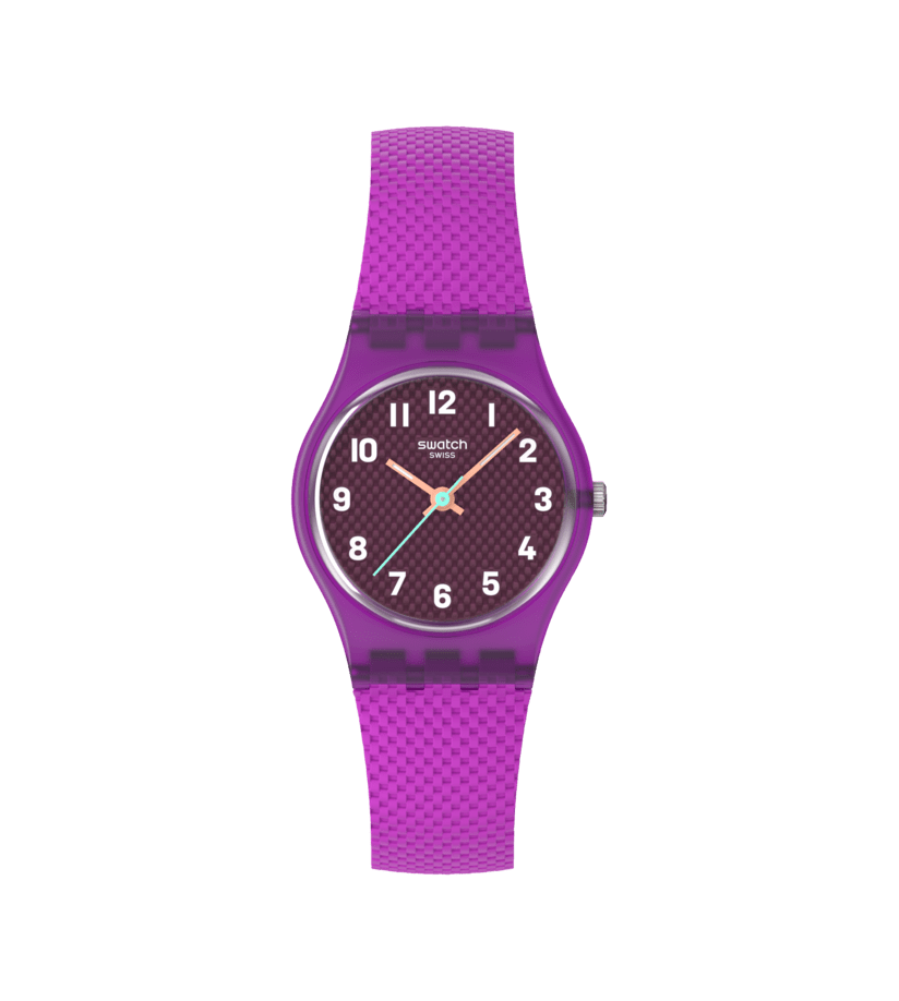 Swatch Magenta Weave LV122 Damen Armbanduhr Lila • Leuchtzeiger • Texturiertes Armband
