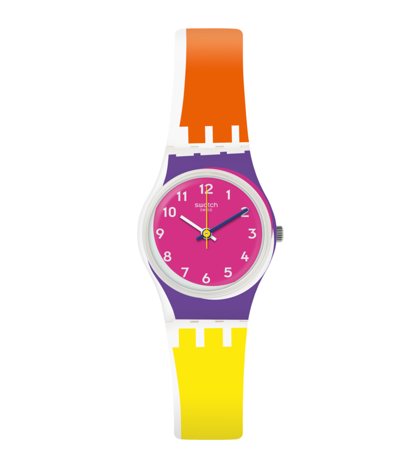 Swatch Originals Small LW165 Sun Through Damenuhr Rosa • Peppy-Farbdesign • Versetztes Zifferblatt