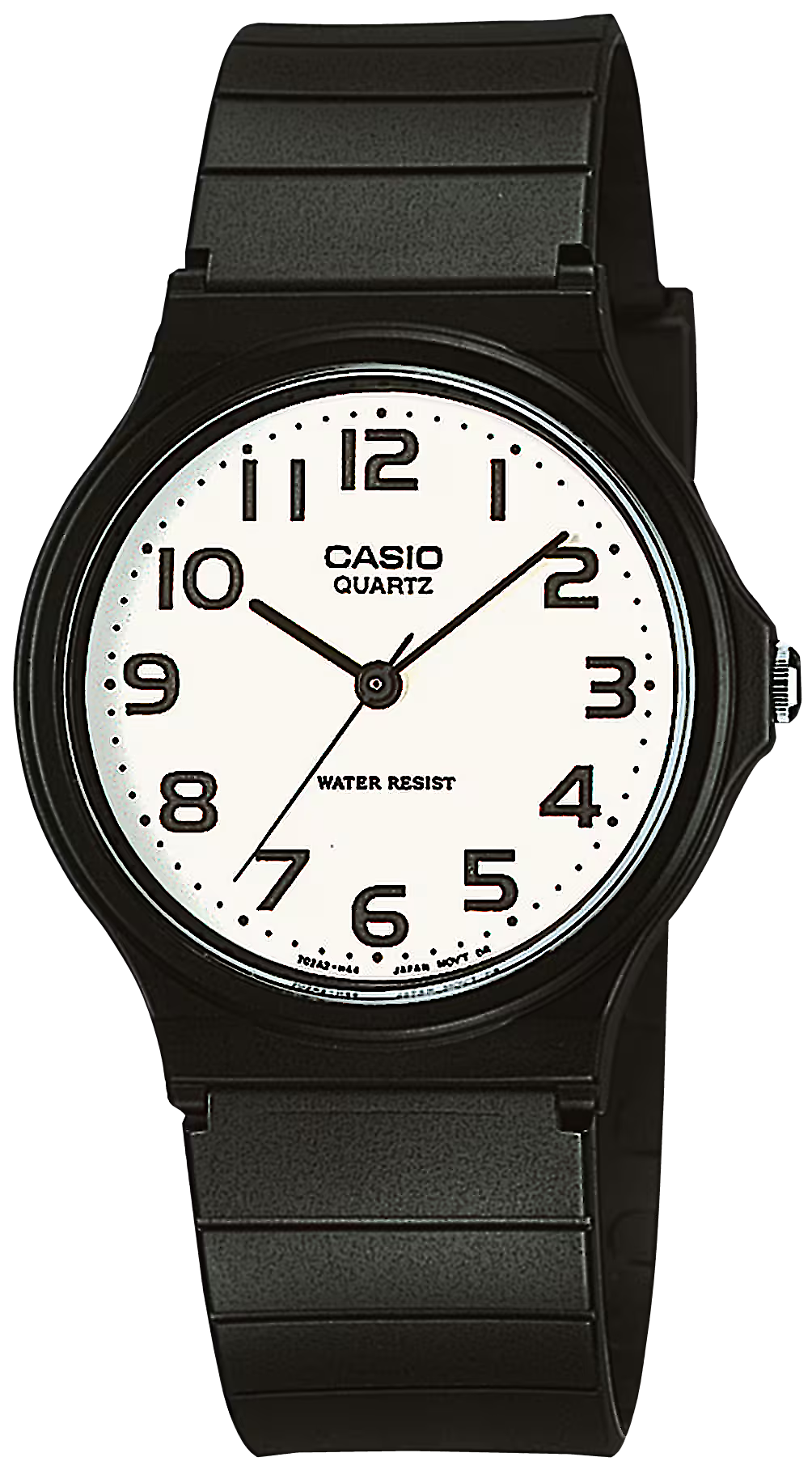 Schwarze Armbanduhr mit rundem Zifferblatt, Zahlen, Zeigern und CASIO QUARTZ