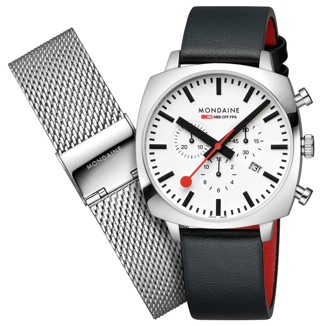 Mondaine Grand Cushion MSL.41410.LBV.SET Herrenuhr Schwarz • Saphirglas • Quarz-Chronograph