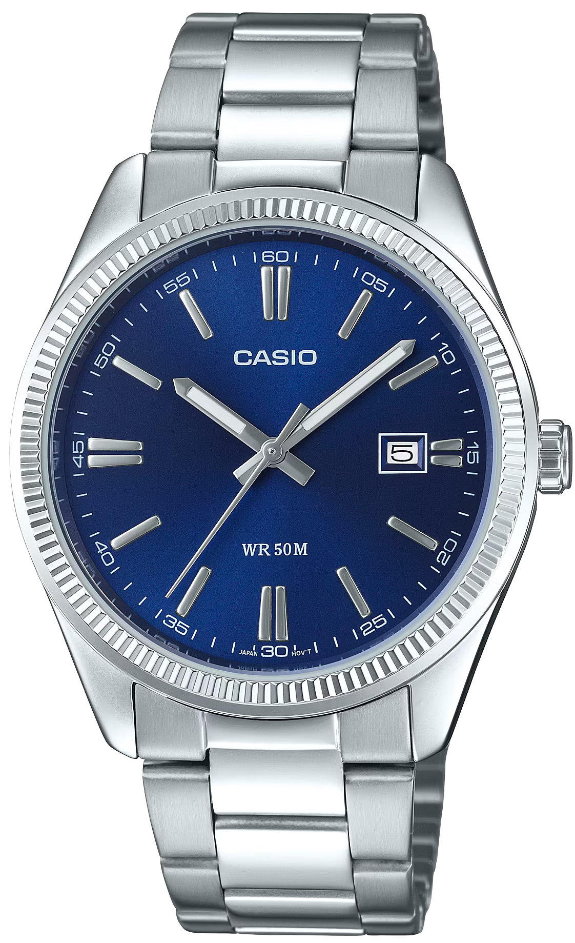 Orologio da polso con bracciale in acciaio inossidabile argentato e quadrante blu, datario a ore 5