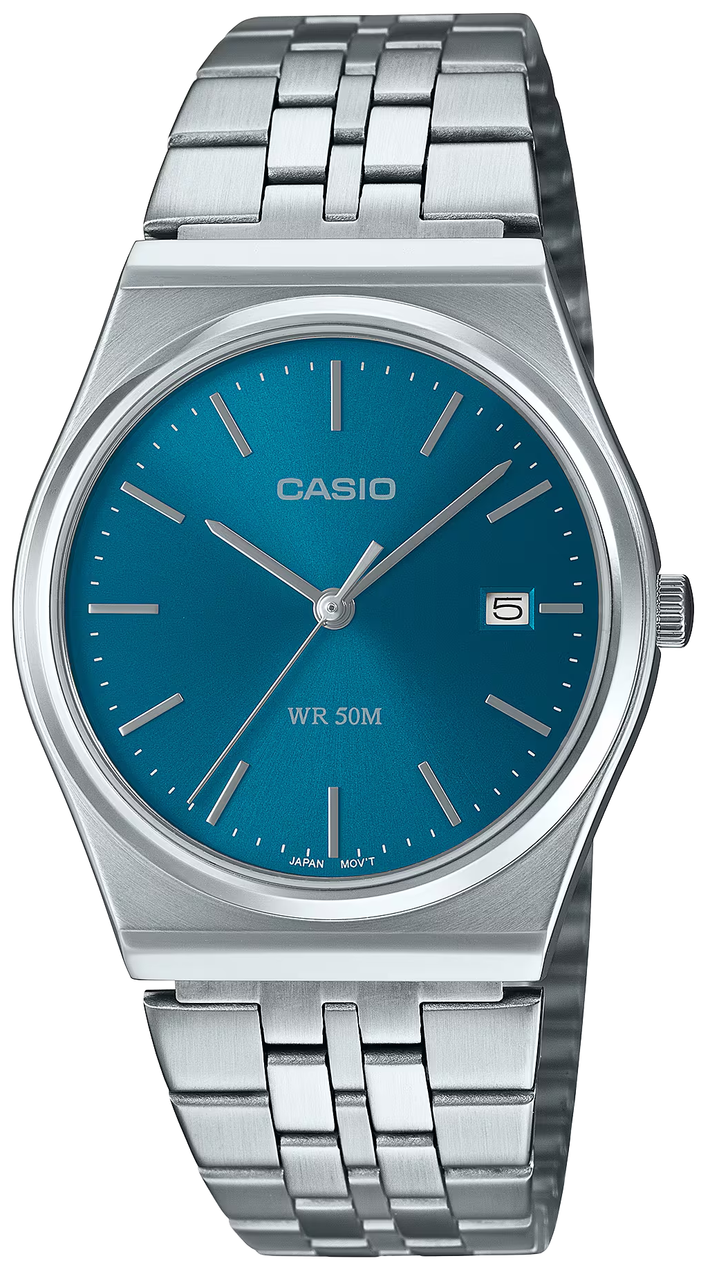 Orologio da uomo CASIO con quadrante blu, datario a ore 5, cinturino in acciaio inossidabile
