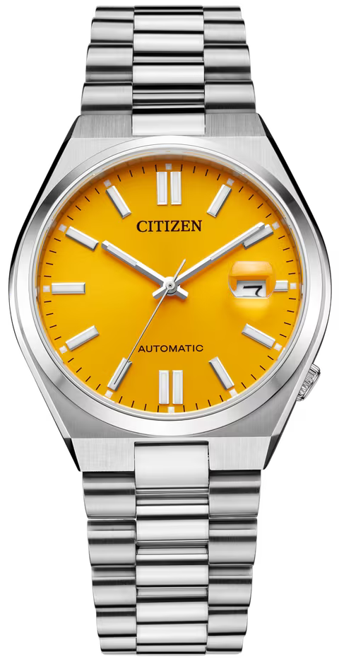 Citizen Uhr mit silbernem Edelstahlband, orangefarbenem Zifferblatt und Automatik-Schriftzug