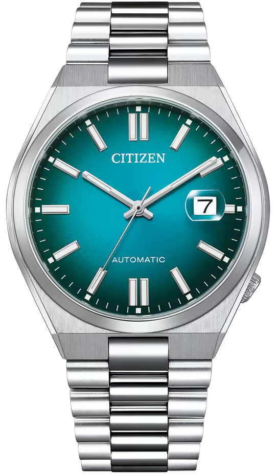 Citizen Herrenuhr: teal Zifferblatt, Edelstahlband, Datumsfenster, Automatikwerk