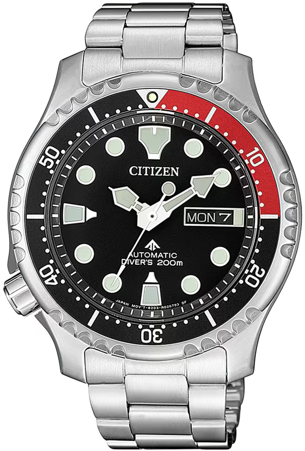 Citizen Promaster Taucheruhr mit schwarzem Zifferblatt, roter Lünette, Tag-Datum, Metallband