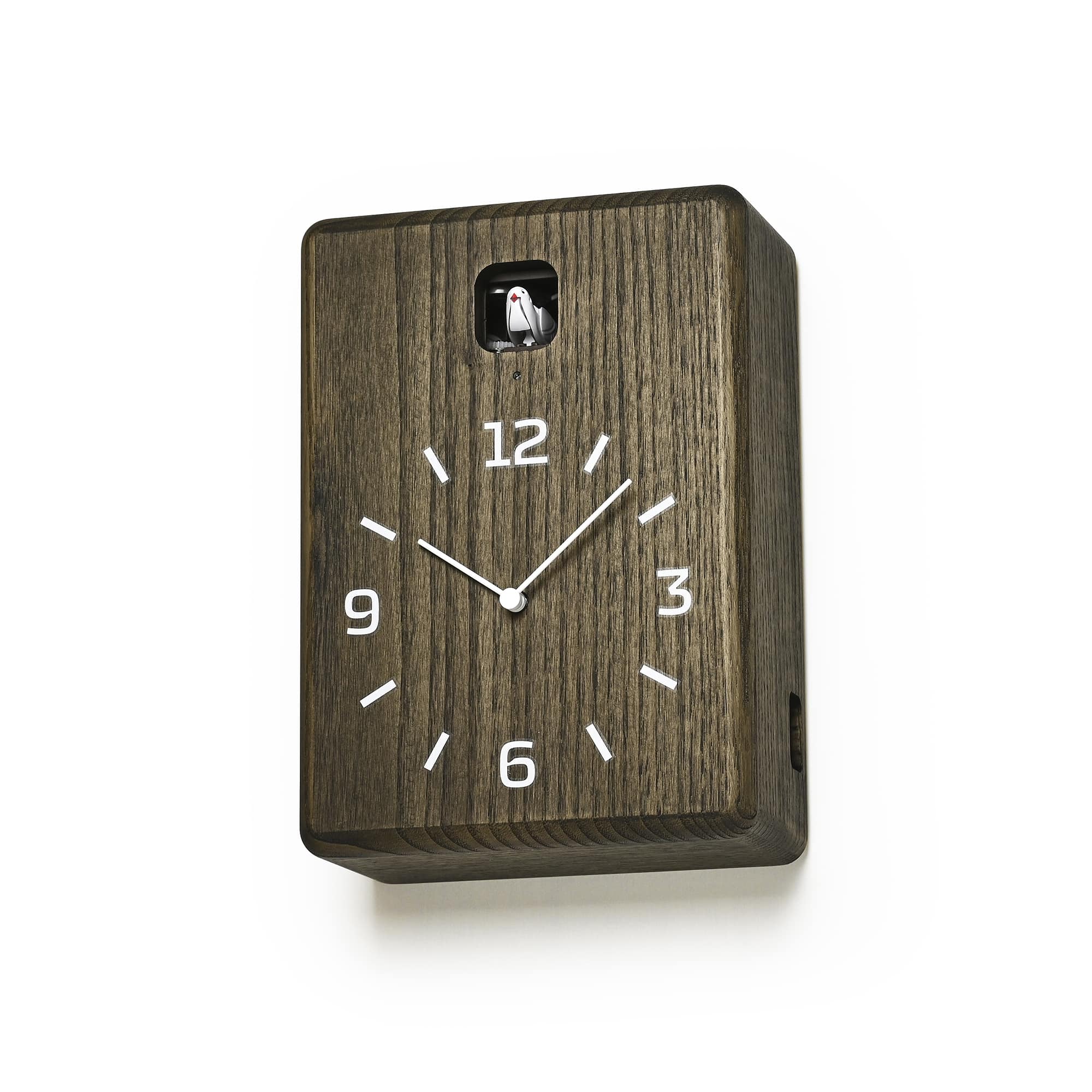 Wanduhr dunkelbraun aus Holz mit Analogziffern und kleinem Aufsatz oben