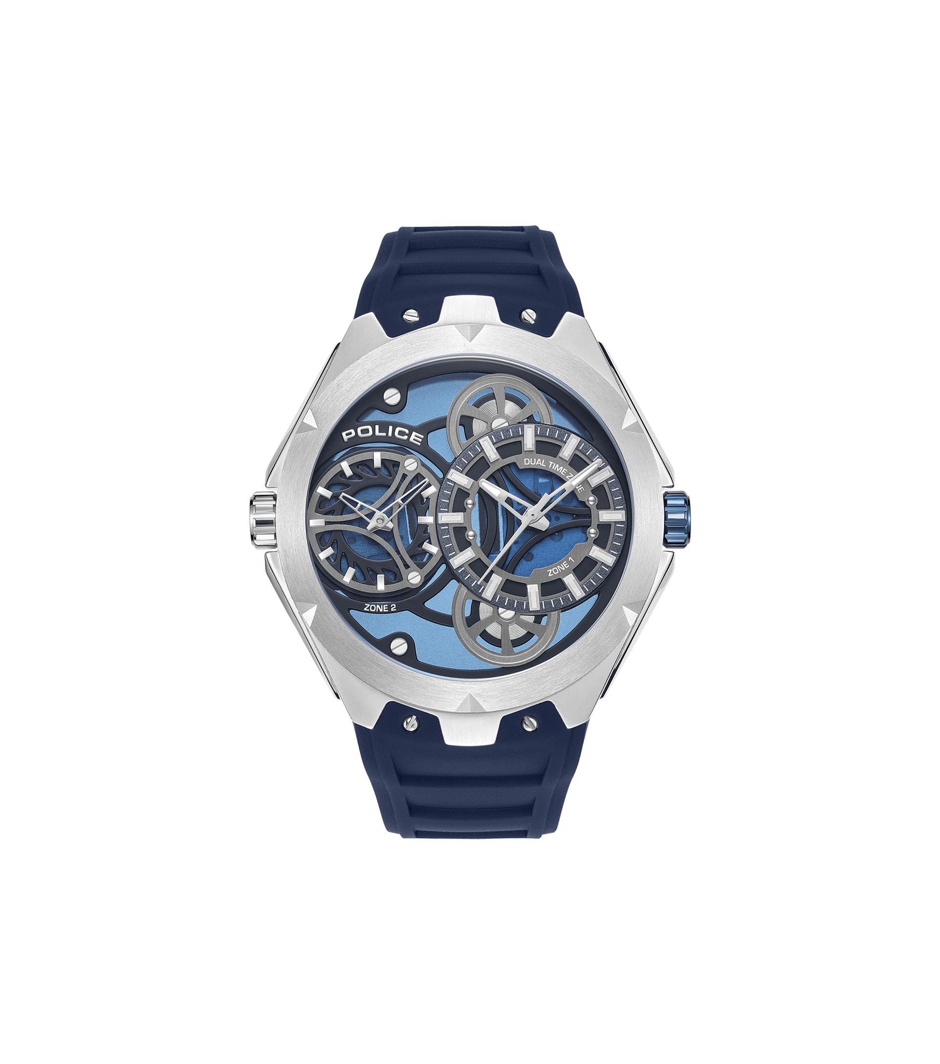Police Scepter PEWGM0081703 Herrenuhr Blau • Doppelwerk-Anzeige • Marineblaues Silikonarmband