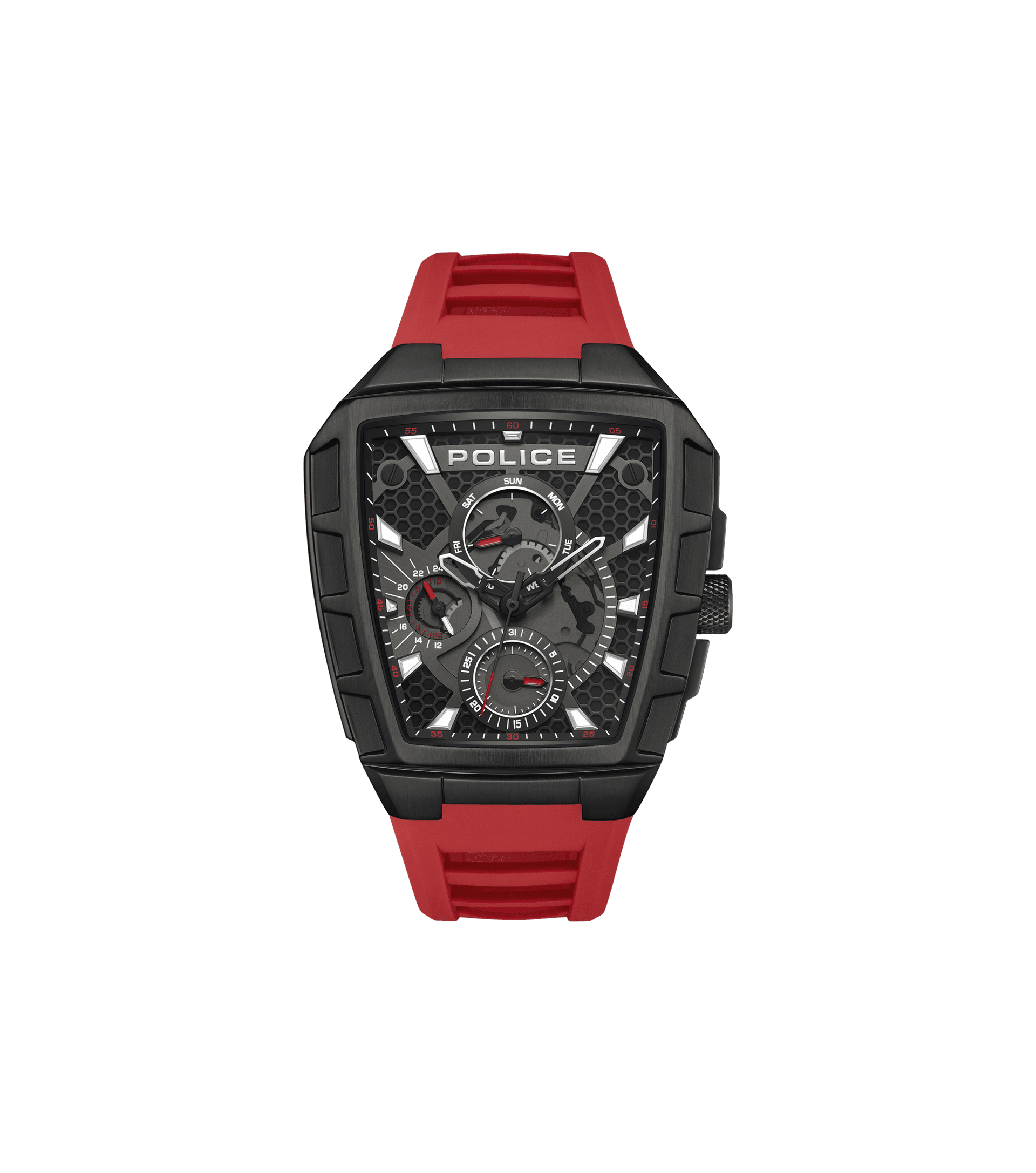 Police Tough Gear PEWGQ0056803 Herrenuhr Schwarz/Rot • Multifunktion • Rotes Silikonarmband