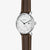 Orologio da uomo, vista laterale, con quadrante bianco, lancette verdi e cinturino in pelle marrone