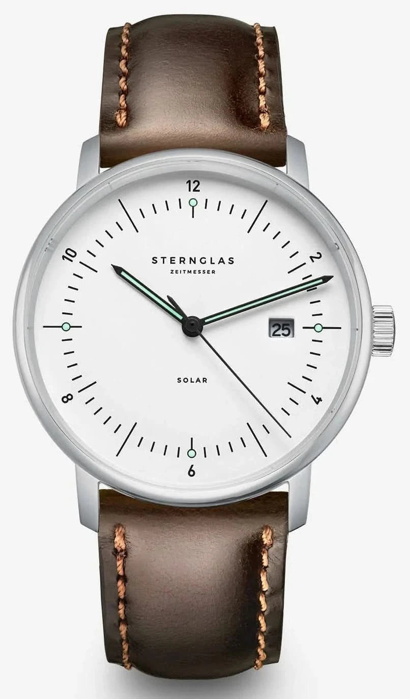 Orologio da uomo con cinturino in pelle marrone e quadrante bianco, cassa rotonda in acciaio