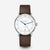 Orologio STERNGLAS Naos Argento con quadrante bianco e cinturino in pelle Premium marrone scuro, vista frontale su sfondo grigio.