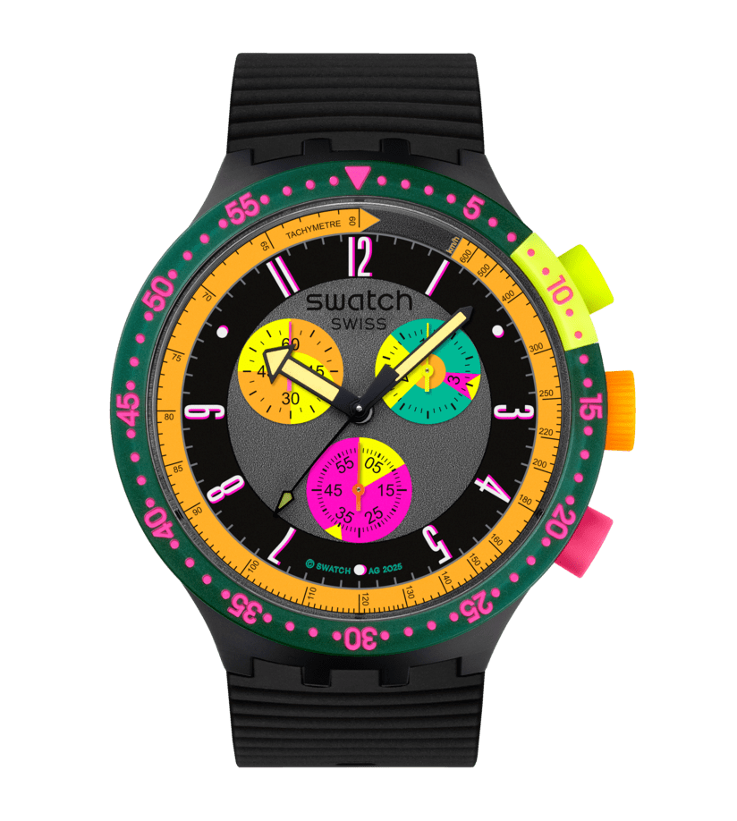 Swatch Big Bold SB02B104 Neon Seppia Armbanduhr Schwarz • Retro Chronograph • Leuchtzeiger