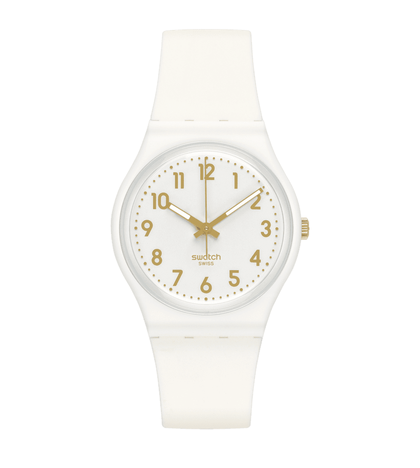Swatch Originals Medium SO28W106-S14 Armbanduhr Weiß • Minimalistisches Design • Vergoldete Zeiger und Ziffern