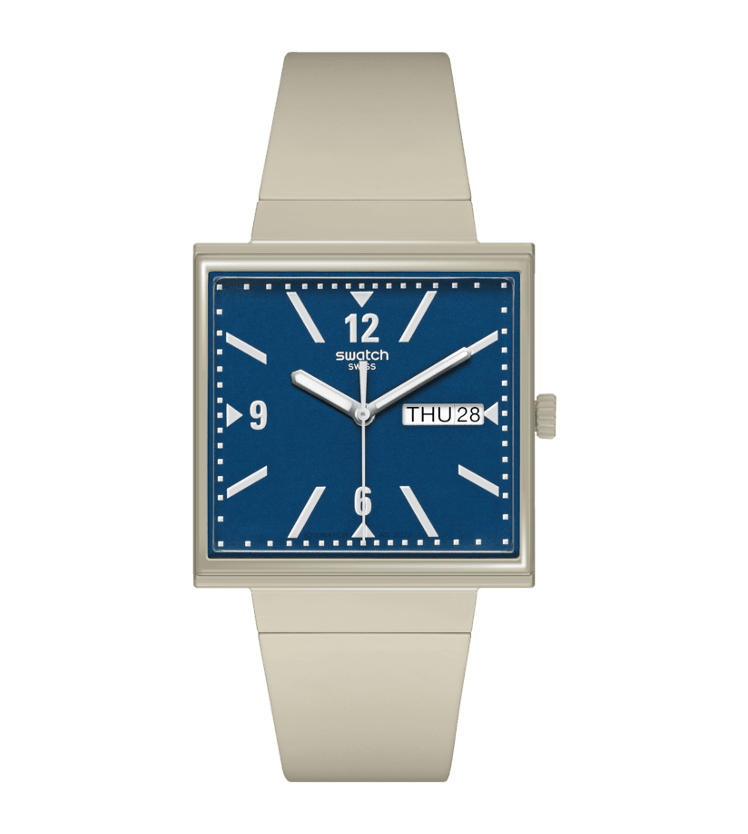 Swatch What If - Square SO34T700 Armbanduhr Beige • Bioceramic-Gehäuse • Quadratisches Design