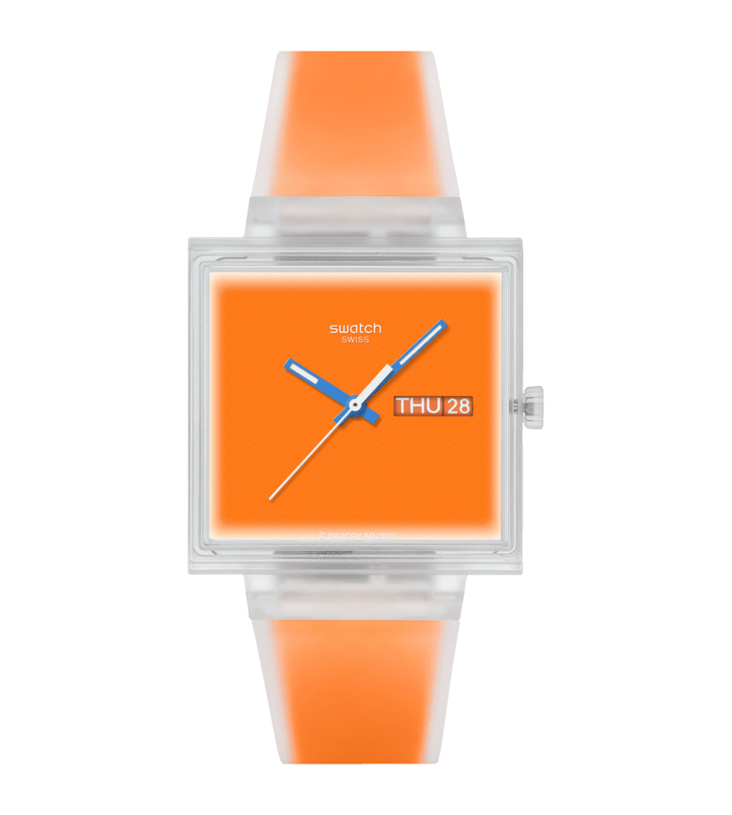 Swatch What If Square SO38K704 Armbanduhr Neonorange • Transparentes Gehäuse • Biosourciertes Material