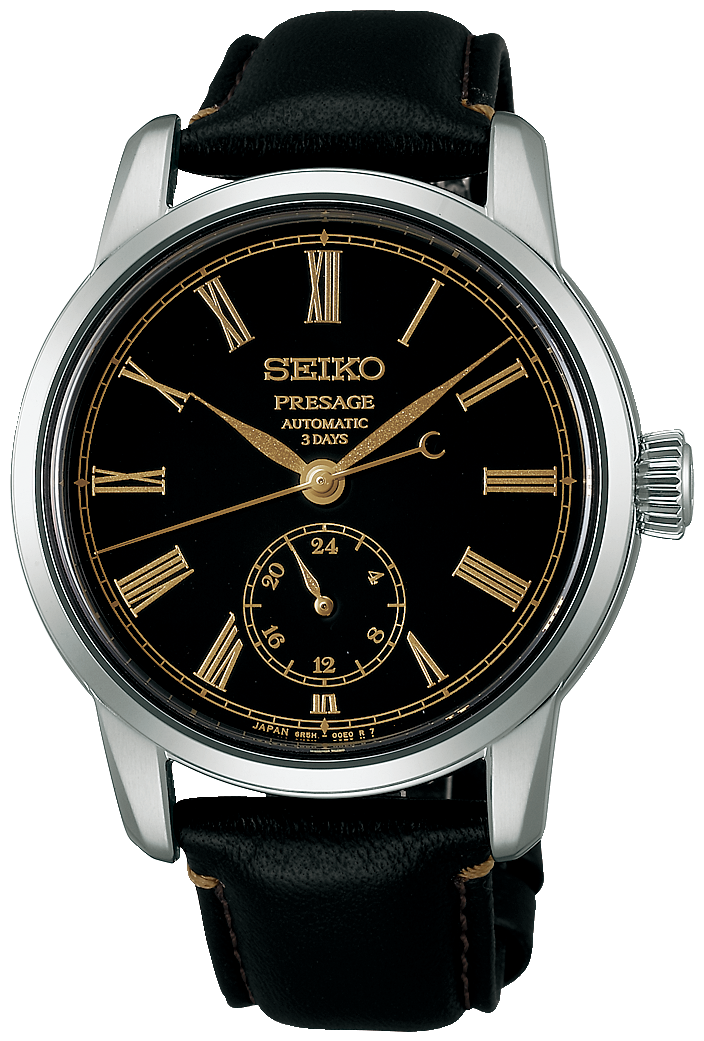 Orologio da uomo con quadrante nero, indici dorati e cinturino in pelle