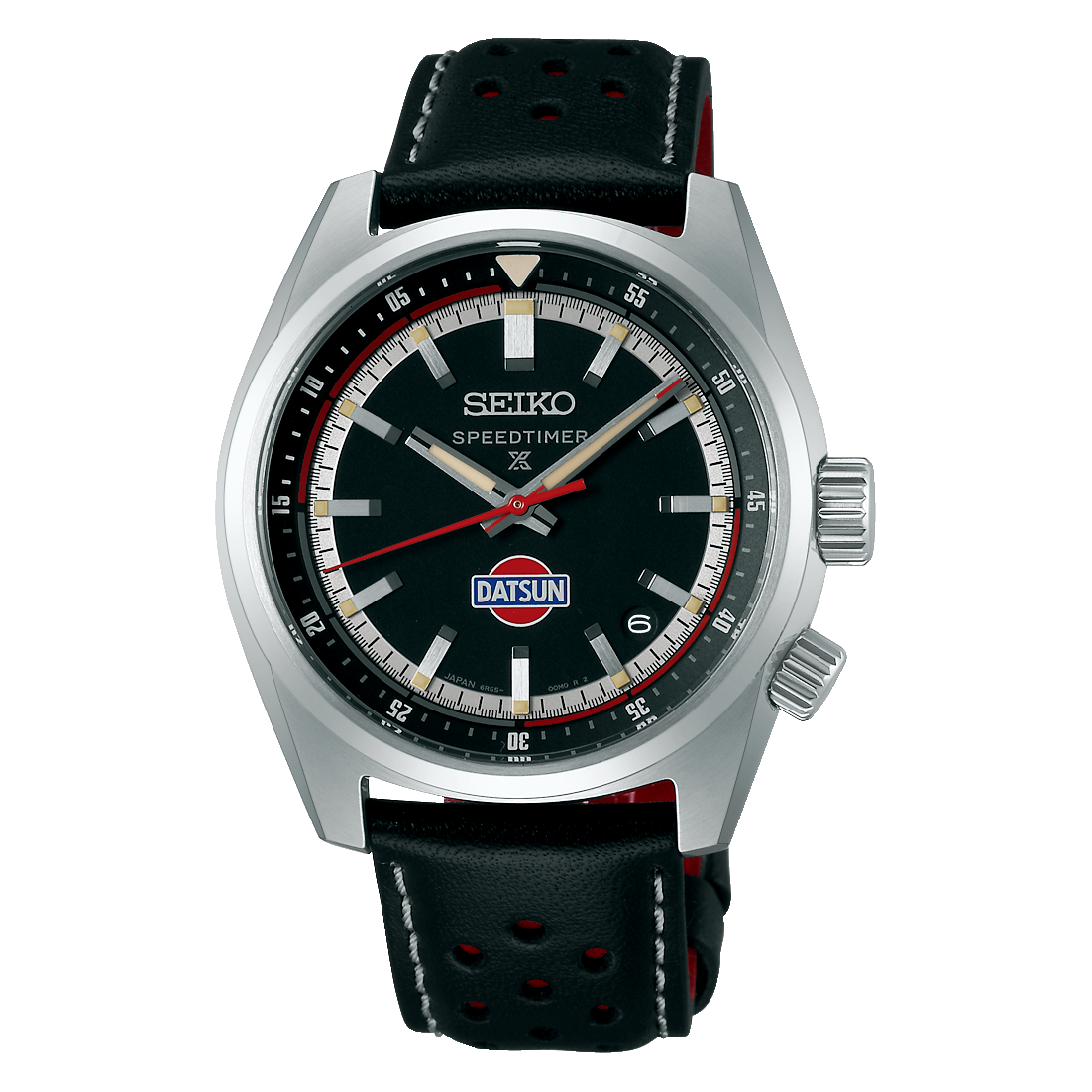 Seiko Prospex Herrenuhr mit schwarzem Zifferblatt, roter Akzentnadel und Lederarmband.