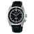 Seiko Prospex Herrenuhr mit schwarzem Zifferblatt, roter Akzentnadel und Lederarmband.