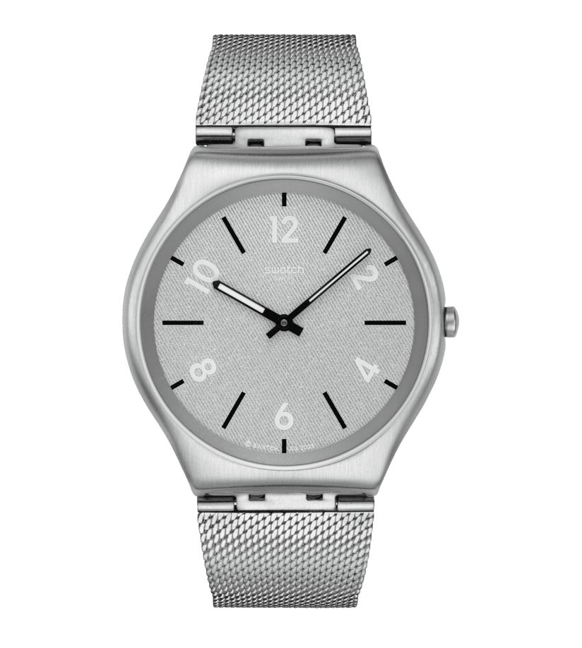 Swatch New Skin Irony SS07S152M Getting meshy Armbanduhr Silber • Leuchtende Zeiger • Mesh-Armband