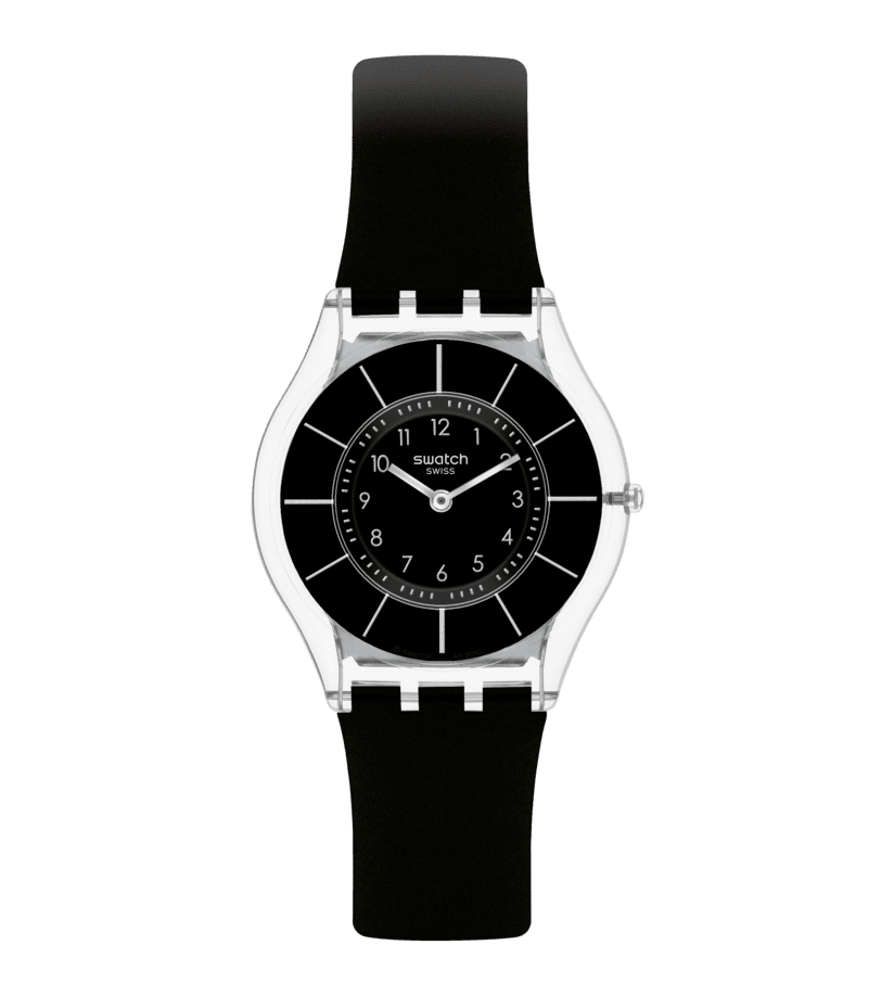 Swatch Black Classiness SS08K103 Armbanduhr Schwarz • Ultraflaches Silikonarmband • Transparentes Polymergehäuse