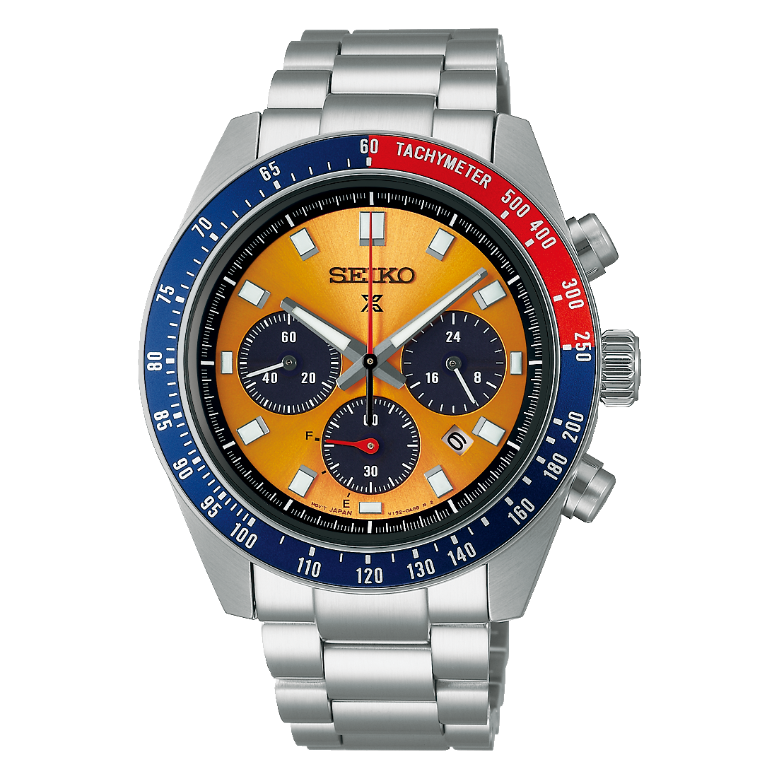 Seiko Prospex Herren-Armbanduhr: orange Zifferblatt, Stahlband, blaue/rote Tachymeter-Lünette