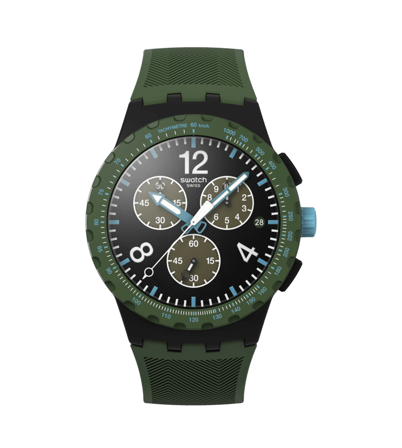 Swatch New Chrono Plastic SUSB421 Herren Armbanduhr Oliv • Chronograph • Leuchtmasse