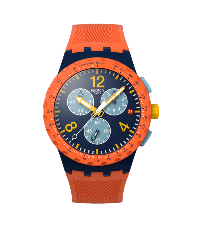 Swatch CAMO FLASH SUSI400 Herren Armbanduhr Dunkelblau • Chronograph mit Leuchtzeiger • Datumsanzeige bei 3 Uhr