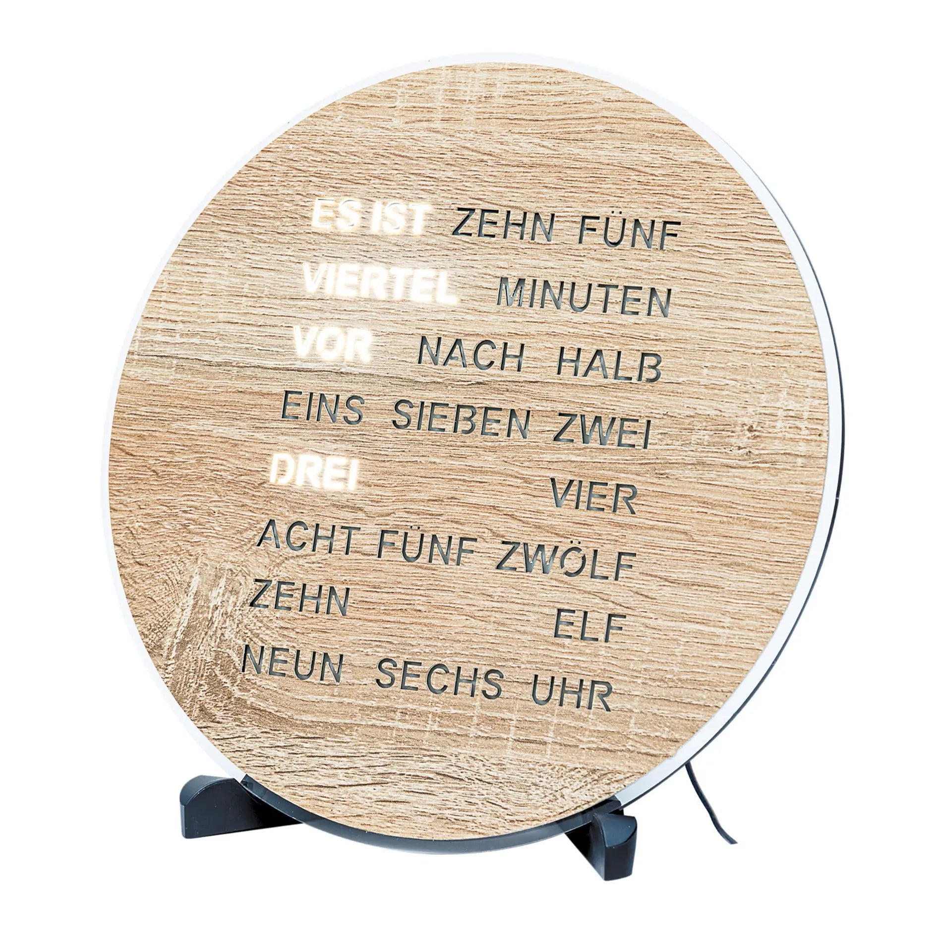 Runde Holz-Tischuhr mit LED-Wortanzeige und schwarzen Standfüßen