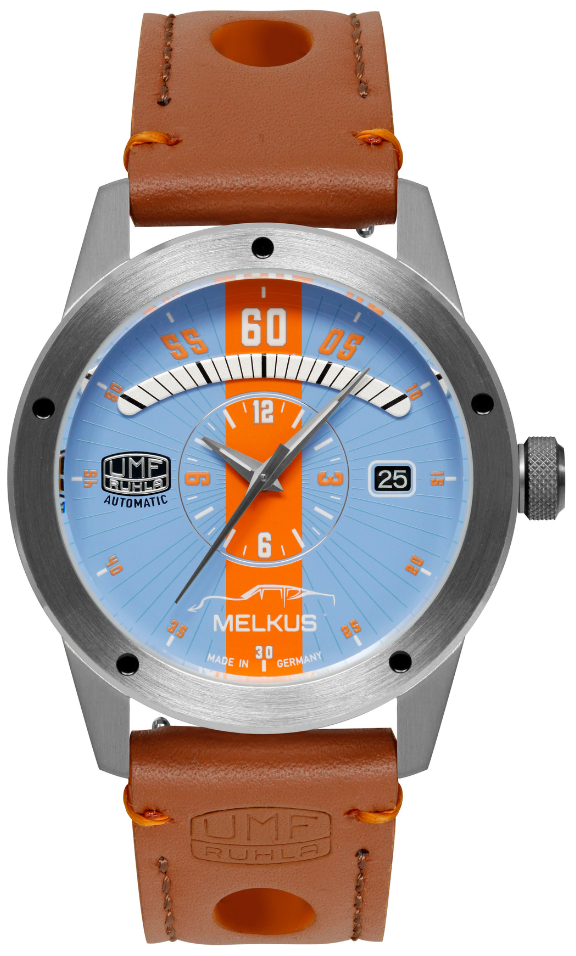 Orologio da uomo con cinturino in pelle marrone, quadrante blu e lunetta in acciaio