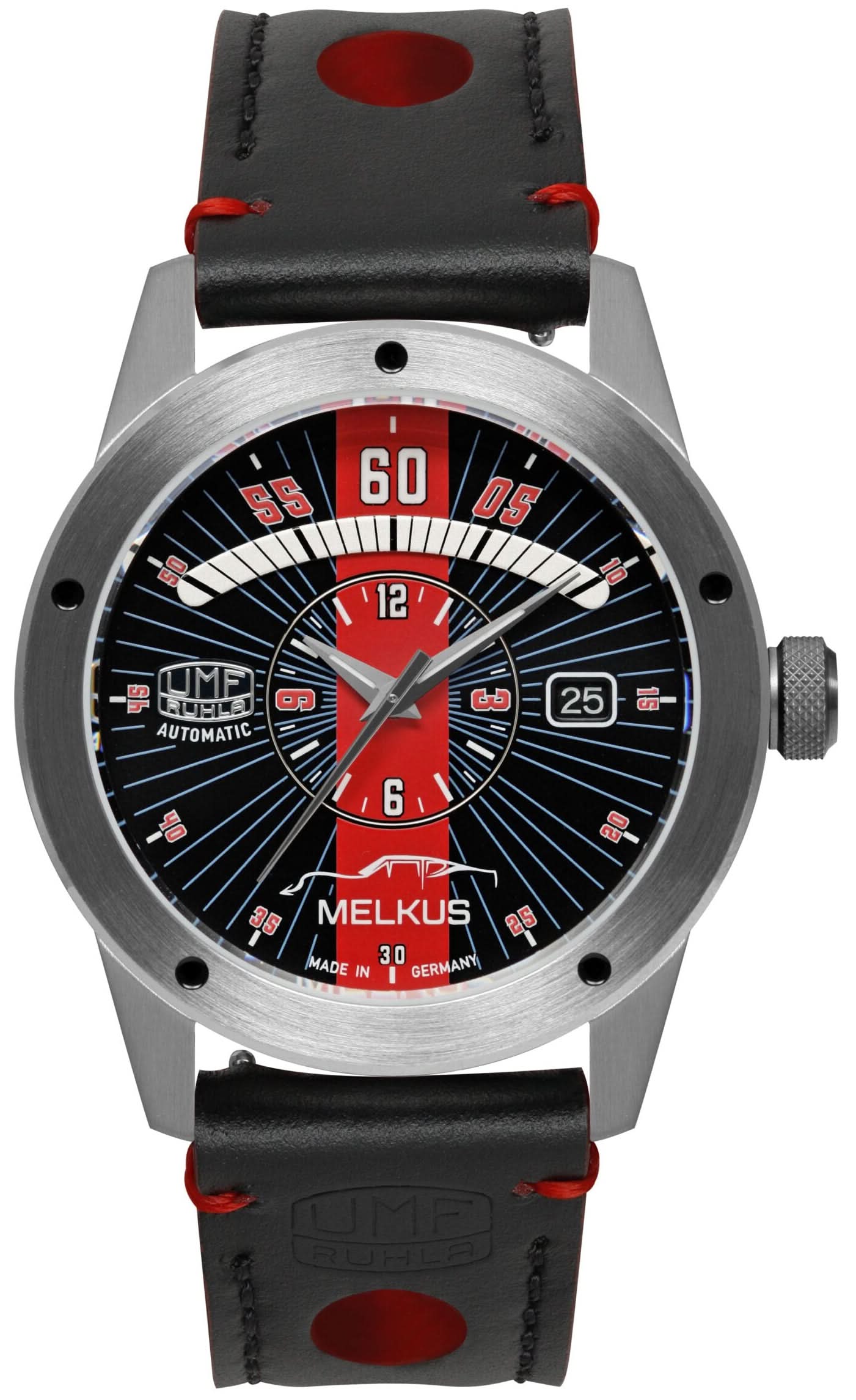 Orologio da uomo con quadrante nero, accenti rossi, cinturino in pelle nera e cassa in acciaio inossidabile