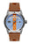 Orologio da uomo con cinturino in pelle marrone, quadrante blu, corona laterale