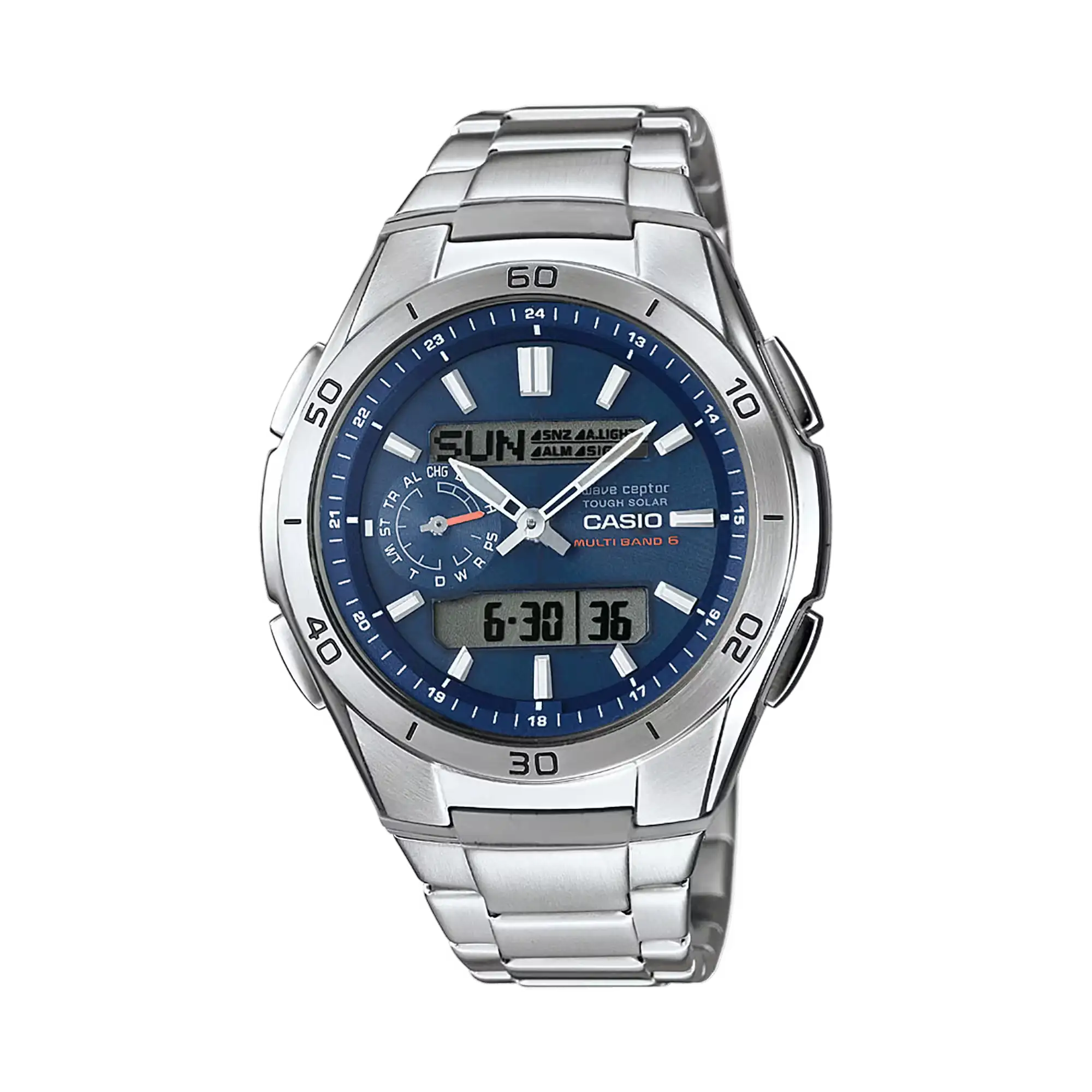 Orologio da uomo con quadrante blu, bracciale in acciaio inossidabile argentato e datario a vista