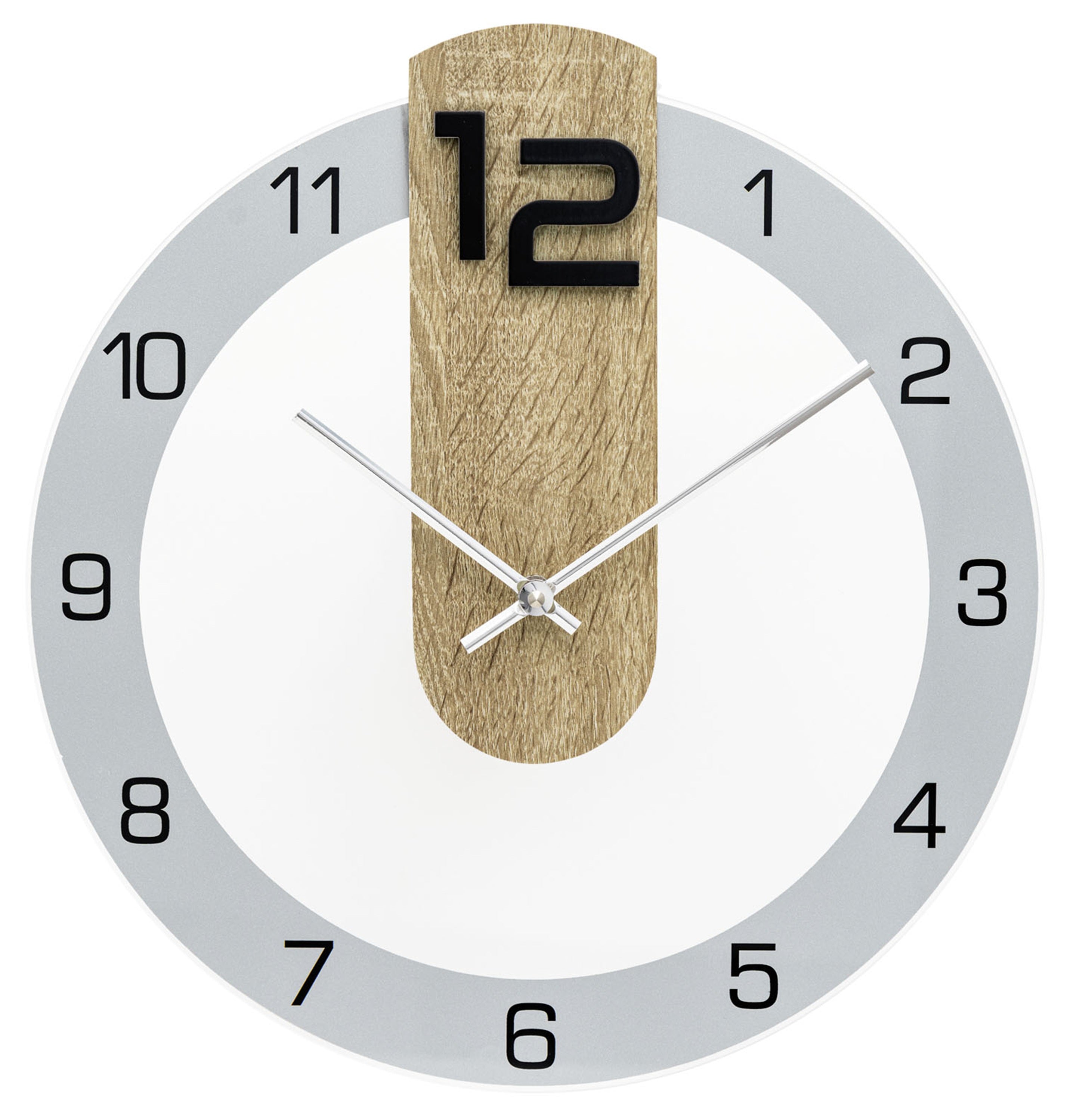 Orologio da parete con quadrante rotondo, indicatori grigi ed elemento in legno naturale