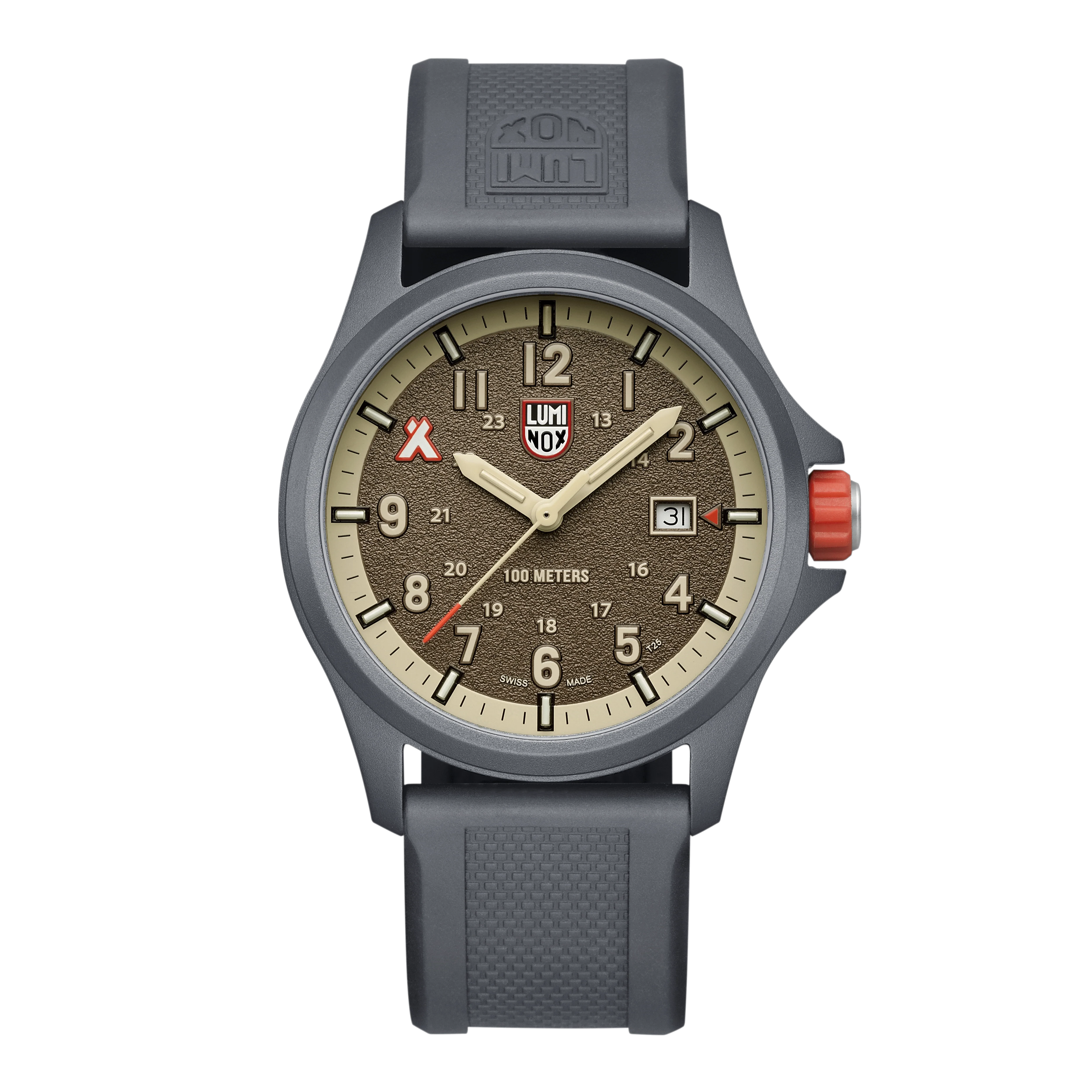 Orologio sportivo con quadrante beige, cassa nera e cinturino in gomma, datario