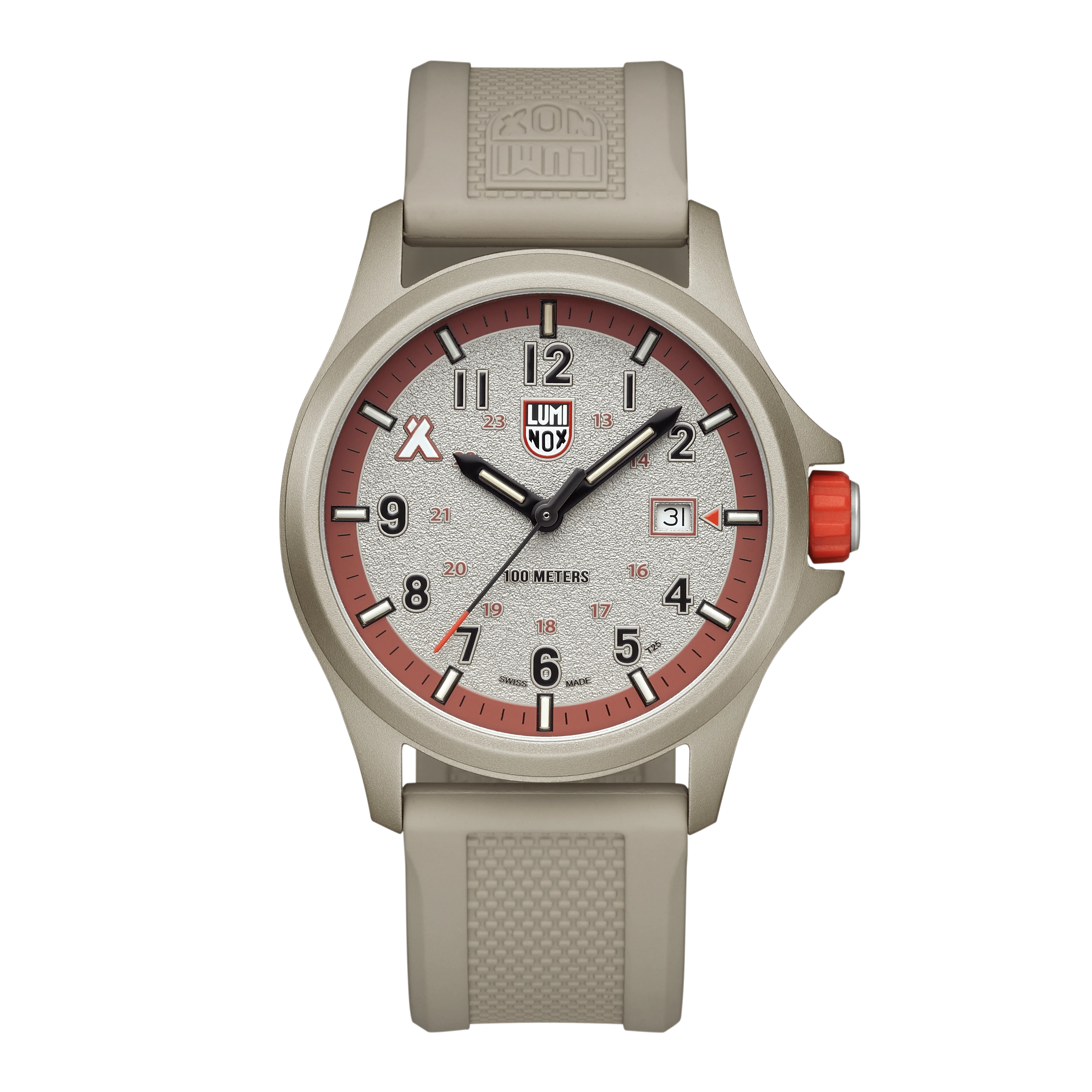 Orologio da uomo Luminox Bear Grylls con cassa beige, quadrante arancione e cinturino in caucciù