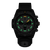 Orologio da uomo con cassa nera e indici verdi luminescenti su quadrante scuro.