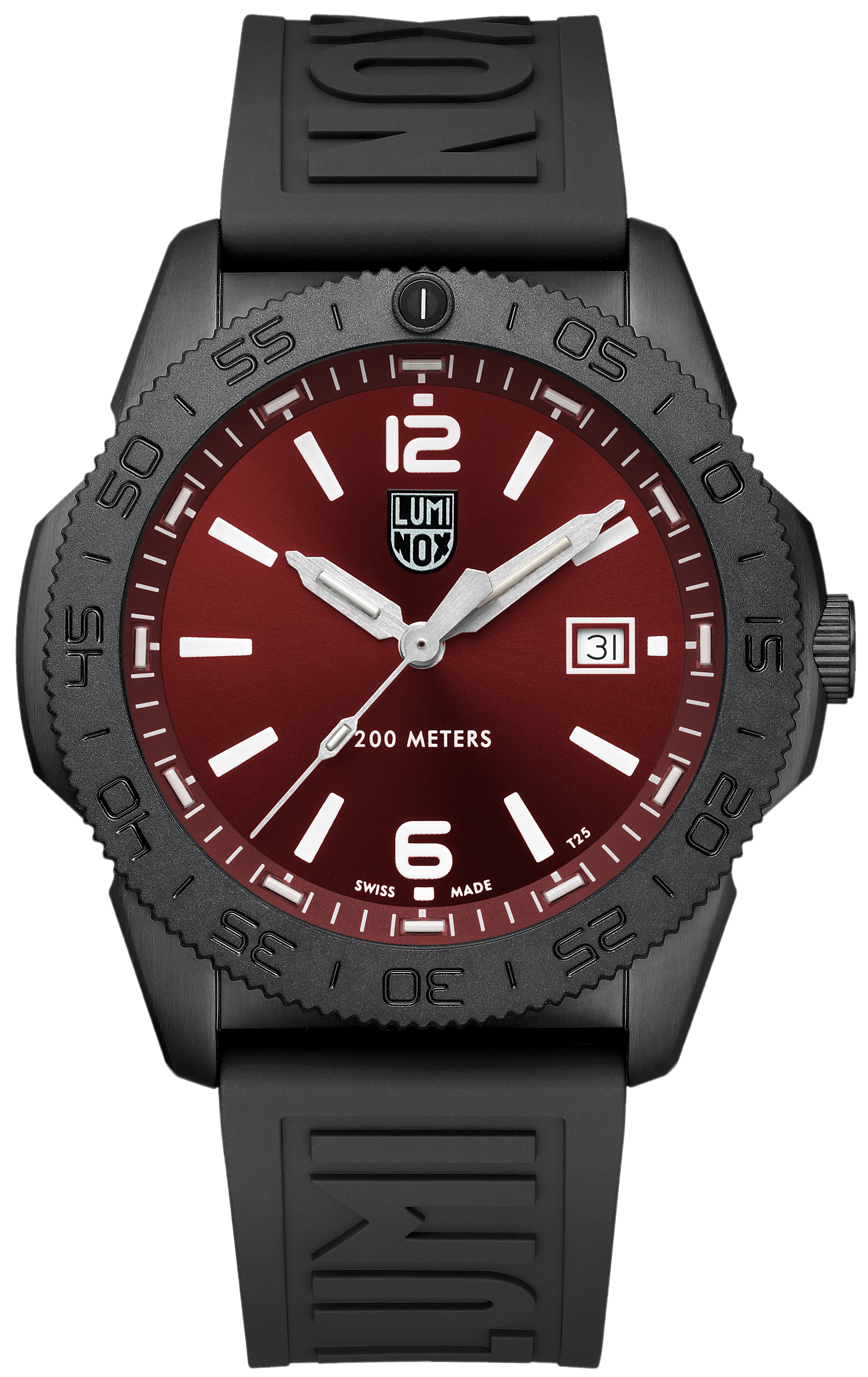 Orologio subacqueo Luminox Pacific Diver Ripple con quadrante nero, cassa in acciaio inossidabile e cinturino in caucciù nero. Design sportivo ed elegante con ghiera girevole e datario.