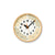Beige runde Wanduhr mit arabischen Ziffern, schwarzen Zeigern und orangefarbenem Sekundenzeiger.