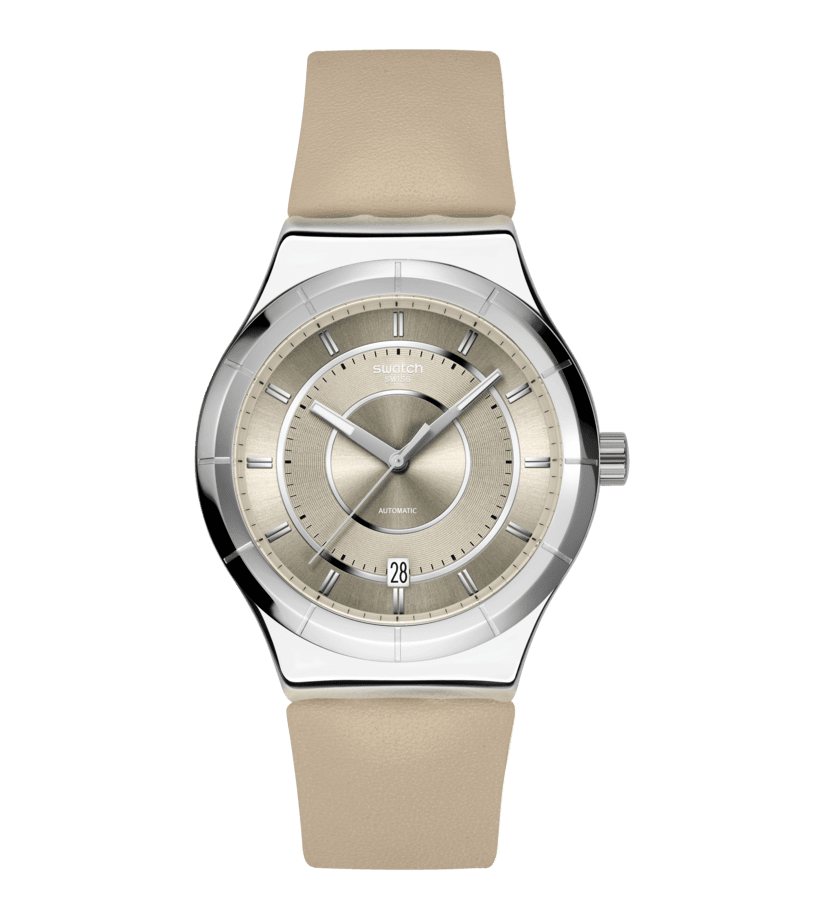 Swatch Sistem51 Irony YIS434 Armbanduhr Taupe • Automatikwerk mit 90 h Gangreserve • Datum bei 6 Uhr